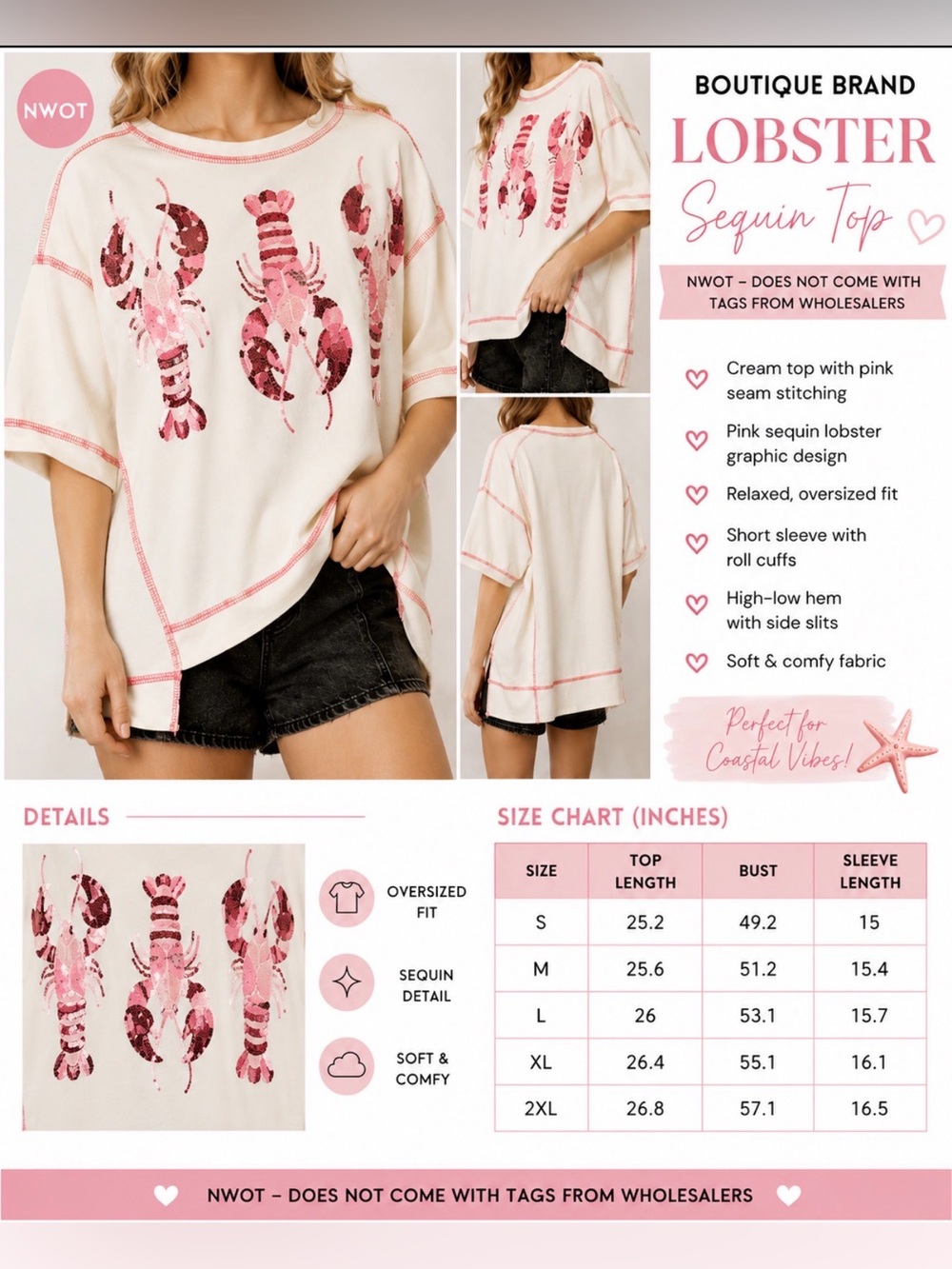 Boutique Pink Sequin Lobster Oversized Top – Size Small – NWOT
